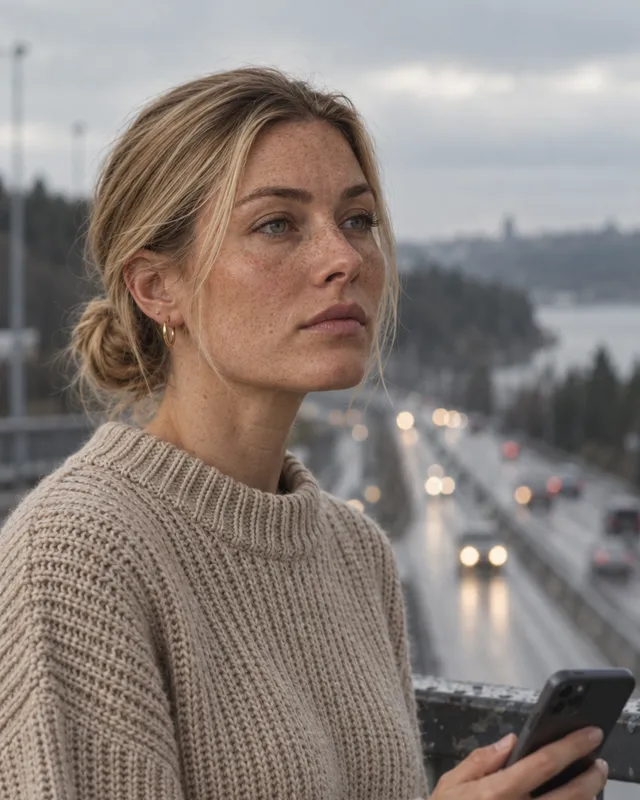 Elin on a rainy footbridge, deadpan