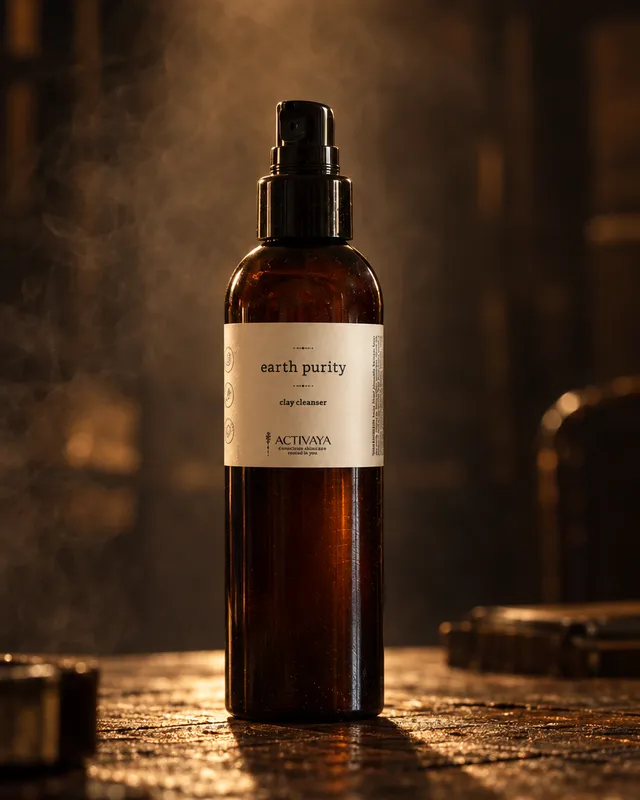 Earth Purity cleanser on a dark oak table