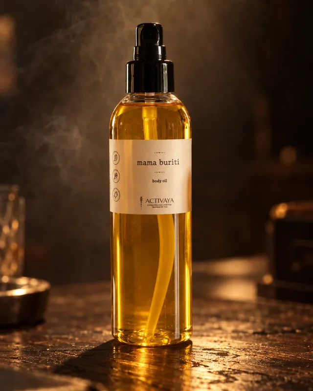 Mama Buriti body oil glowing under a lamp
