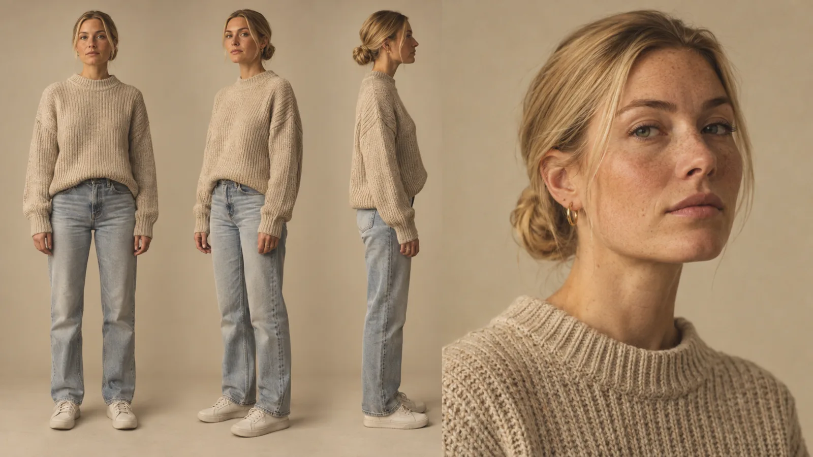 Reference sheet for Elin: face, jumper, poses